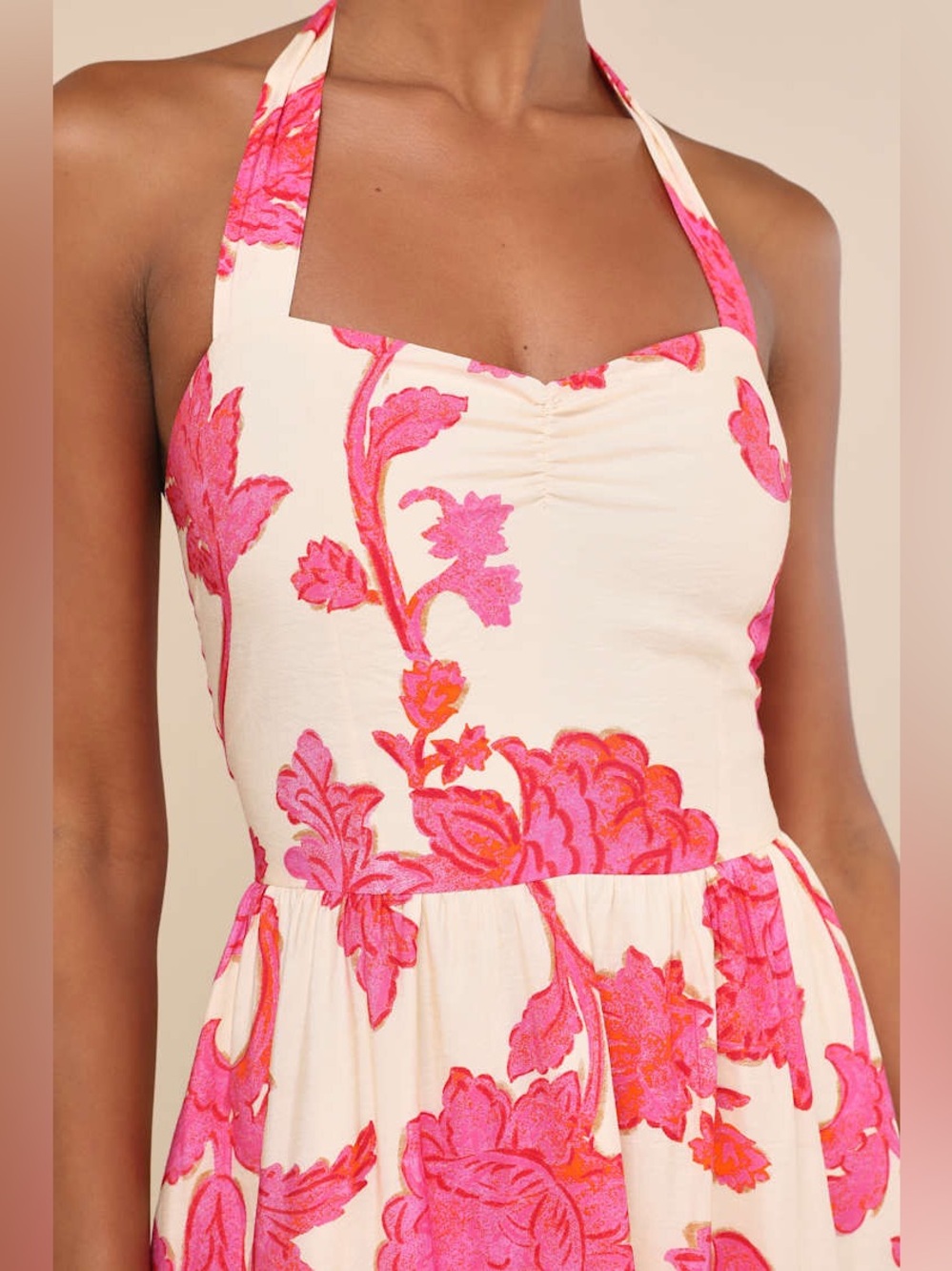 NWT Lulus Layton Pink and Cream Floral Halter Maxi Dress - Size L - Picture 3 of 6